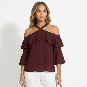 Loft Ruffle Off Shoulder Halter Top Burgundy Old Money Coastal Minimalist Sz XL